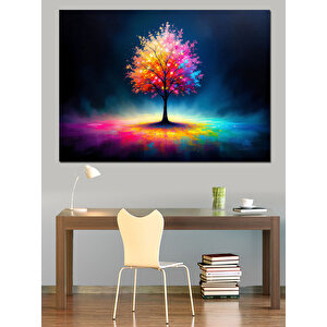 Gökkuşağı Renkli Yalnız Ağaç Dekoratif Kanvas - Mdf Ahşap Tablo