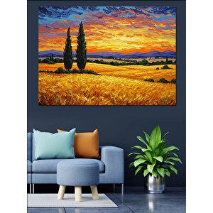 Gün Batımı Sarı Tarlalar Dekoratif Kanvas - Mdf Ahşap Tablo 70x100 cm