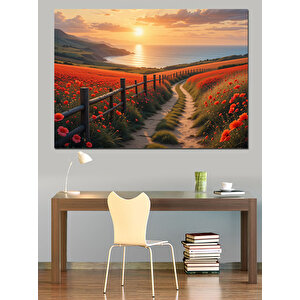 Gün Batımında Kırmızı Yol Dekoratif Kanvas - Mdf Ahşap Tablo 35x50 cm