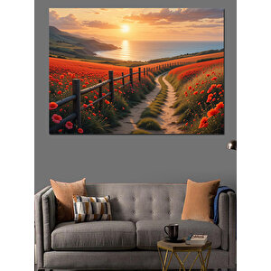 Gün Batımında Kırmızı Yol Dekoratif Kanvas - Mdf Ahşap Tablo