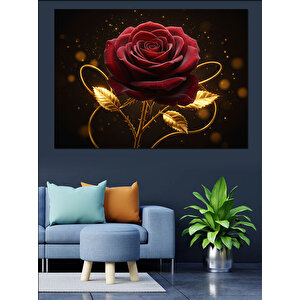 Altın Kenarlı Kırmızı Gül Dekoratif Kanvas - Mdf Ahşap Tablo