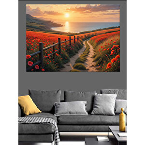 Gün Batımında Kırmızı Yol Dekoratif Kanvas - Mdf Ahşap Tablo 100x140 cm