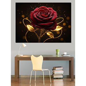Altın Kenarlı Kırmızı Gül Dekoratif Kanvas - Mdf Ahşap Tablo 100x140 cm