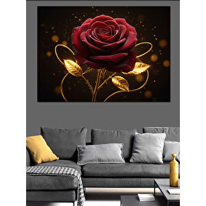 Altın Kenarlı Kırmızı Gül Dekoratif Kanvas - Mdf Ahşap Tablo 100x140 cm