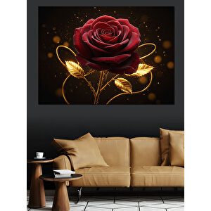 Altın Kenarlı Kırmızı Gül Dekoratif Kanvas - Mdf Ahşap Tablo 100x140 cm