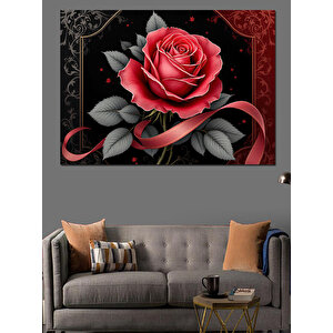 Kırmızı Güllü Siyah Arka Plan Dekoratif Kanvas - Mdf Ahşap Tablo