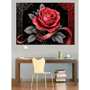 Kırmızı Güllü Siyah Arka Plan Dekoratif Kanvas - Mdf Ahşap Tablo