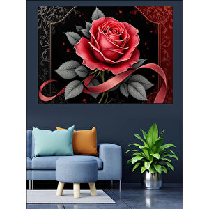 Kırmızı Güllü Siyah Arka Plan Dekoratif Kanvas - Mdf Ahşap Tablo 35x50 cm