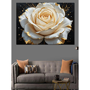 Altın Parıltılı Beyaz Gül Dekoratif Kanvas - Mdf Ahşap Tablo 50x70 cm