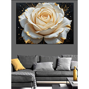 Altın Parıltılı Beyaz Gül Dekoratif Kanvas - Mdf Ahşap Tablo 50x70 cm