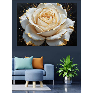 Altın Parıltılı Beyaz Gül Dekoratif Kanvas - Mdf Ahşap Tablo