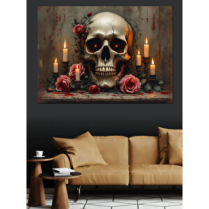 Mumlu Gül Kafatası Tablosu Dekoratif Kanvas - Mdf Ahşap Tablo 50x70 cm
