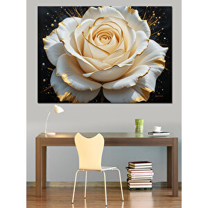 Altın Parıltılı Beyaz Gül Dekoratif Kanvas - Mdf Ahşap Tablo 25x35 cm