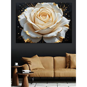 Altın Parıltılı Beyaz Gül Dekoratif Kanvas - Mdf Ahşap Tablo
