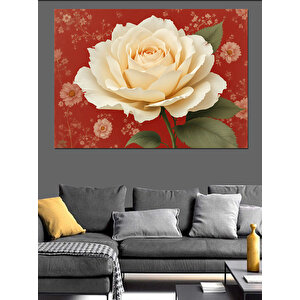 Kırmızı Zeminde Beyaz Gül Dekoratif Kanvas - Mdf Ahşap Tablo 25x35 cm