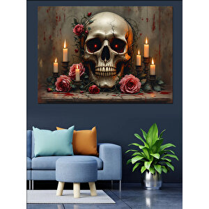 Mumlu Gül Kafatası Tablosu Dekoratif Kanvas - Mdf Ahşap Tablo 70x100 cm
