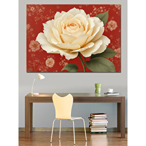 Kırmızı Zeminde Beyaz Gül Dekoratif Kanvas - Mdf Ahşap Tablo 100x140 cm