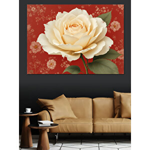 Kırmızı Zeminde Beyaz Gül Dekoratif Kanvas - Mdf Ahşap Tablo 100x140 cm