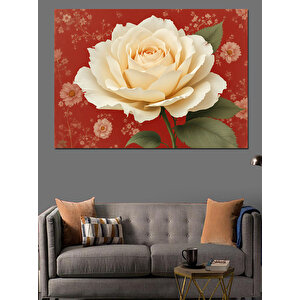 Kırmızı Zeminde Beyaz Gül Dekoratif Kanvas - Mdf Ahşap Tablo