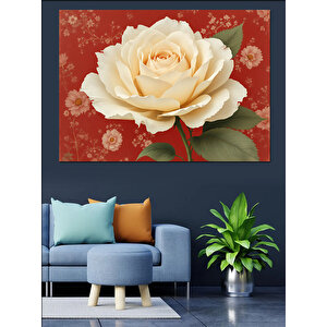 Kırmızı Zeminde Beyaz Gül Dekoratif Kanvas - Mdf Ahşap Tablo