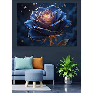 Altın Üzerinde Mavi Gül Dekoratif Kanvas - Mdf Ahşap Tablo 70x100 cm