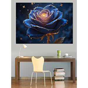 Altın Üzerinde Mavi Gül Dekoratif Kanvas - Mdf Ahşap Tablo 70x100 cm