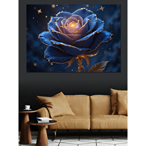 Altın Üzerinde Mavi Gül Dekoratif Kanvas - Mdf Ahşap Tablo
