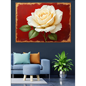 Kırmızı Fon Üzerinde Beyaz Gül Dekoratif Kanvas - Mdf Ahşap Tablo 35x50 cm