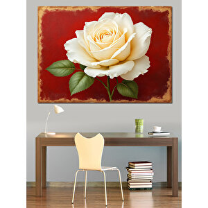 Kırmızı Fon Üzerinde Beyaz Gül Dekoratif Kanvas - Mdf Ahşap Tablo