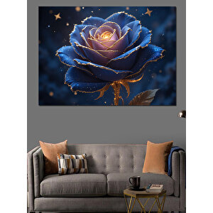 Altın Üzerinde Mavi Gül Dekoratif Kanvas - Mdf Ahşap Tablo 100x140 cm