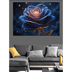 Altın Üzerinde Mavi Gül Dekoratif Kanvas - Mdf Ahşap Tablo