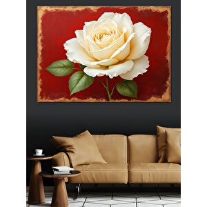 Kırmızı Fon Üzerinde Beyaz Gül Dekoratif Kanvas - Mdf Ahşap Tablo 100x140 cm