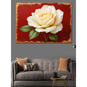 Kırmızı Fon Üzerinde Beyaz Gül Dekoratif Kanvas - Mdf Ahşap Tablo 100x140 cm