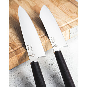 2'li Set - Gyutou Ve Eğri Santoku - Japon Tasarım Şef Bıçakları - Ahşap Sap Paslanmaz Çelik