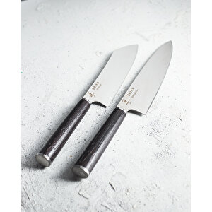 2'li Set - Gyutou Ve Eğri Santoku - Japon Tasarım Şef Bıçakları - Ahşap Sap Paslanmaz Çelik