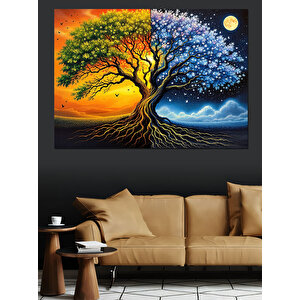 Gece Gündüz Renkli Ağaç Dekoratif Kanvas - Mdf Ahşap Tablo 25x35 cm