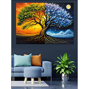 Gece Gündüz Renkli Ağaç Dekoratif Kanvas - Mdf Ahşap Tablo 25x35 cm