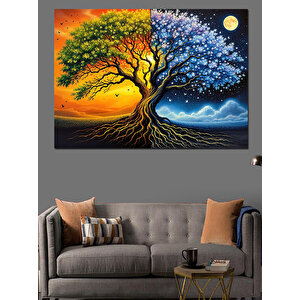 Gece Gündüz Renkli Ağaç Dekoratif Kanvas - Mdf Ahşap Tablo 25x35 cm
