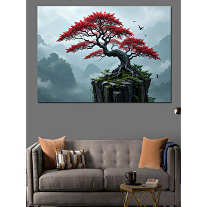 Kaya Üzerinde Kırmızı Ağaç Dekoratif Kanvas - Mdf Ahşap Tablo 50x70 cm