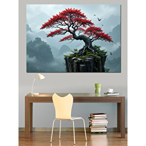 Kaya Üzerinde Kırmızı Ağaç Dekoratif Kanvas - Mdf Ahşap Tablo 50x70 cm