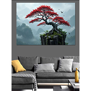 Kaya Üzerinde Kırmızı Ağaç Dekoratif Kanvas - Mdf Ahşap Tablo 50x70 cm