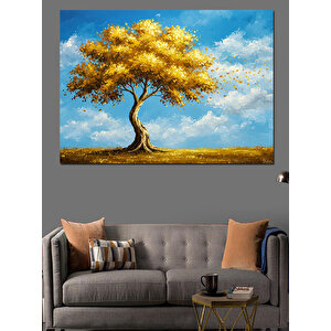 Altın Işıltılı Yalnız Ağaç Dekoratif Kanvas - Mdf Ahşap Tablo 70x100 cm
