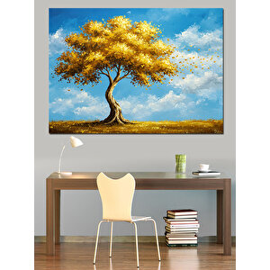 Altın Işıltılı Yalnız Ağaç Dekoratif Kanvas - Mdf Ahşap Tablo 70x100 cm