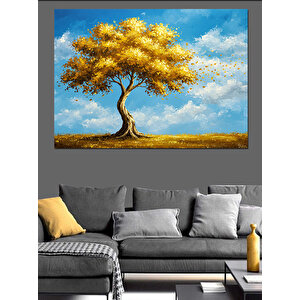 Altın Işıltılı Yalnız Ağaç Dekoratif Kanvas - Mdf Ahşap Tablo 70x100 cm