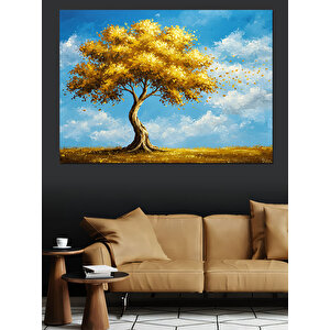 Altın Işıltılı Yalnız Ağaç Dekoratif Kanvas - Mdf Ahşap Tablo