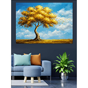 Altın Işıltılı Yalnız Ağaç Dekoratif Kanvas - Mdf Ahşap Tablo