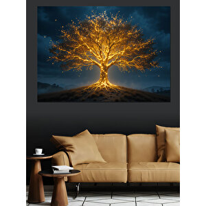 Altın Parlayan Yalnız Ağaç Dekoratif Kanvas - Mdf Ahşap Tablo 70x100 cm