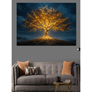 Altın Parlayan Yalnız Ağaç Dekoratif Kanvas - Mdf Ahşap Tablo