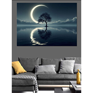 Ay Işığı Yalnız Ağaç Dekoratif Kanvas - Mdf Ahşap Tablo 70x100 cm