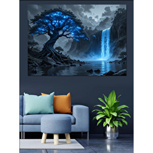 Şelaleli Karanlık Mistik Ağaç Dekoratif Kanvas - Mdf Ahşap Tablo 100x140 cm